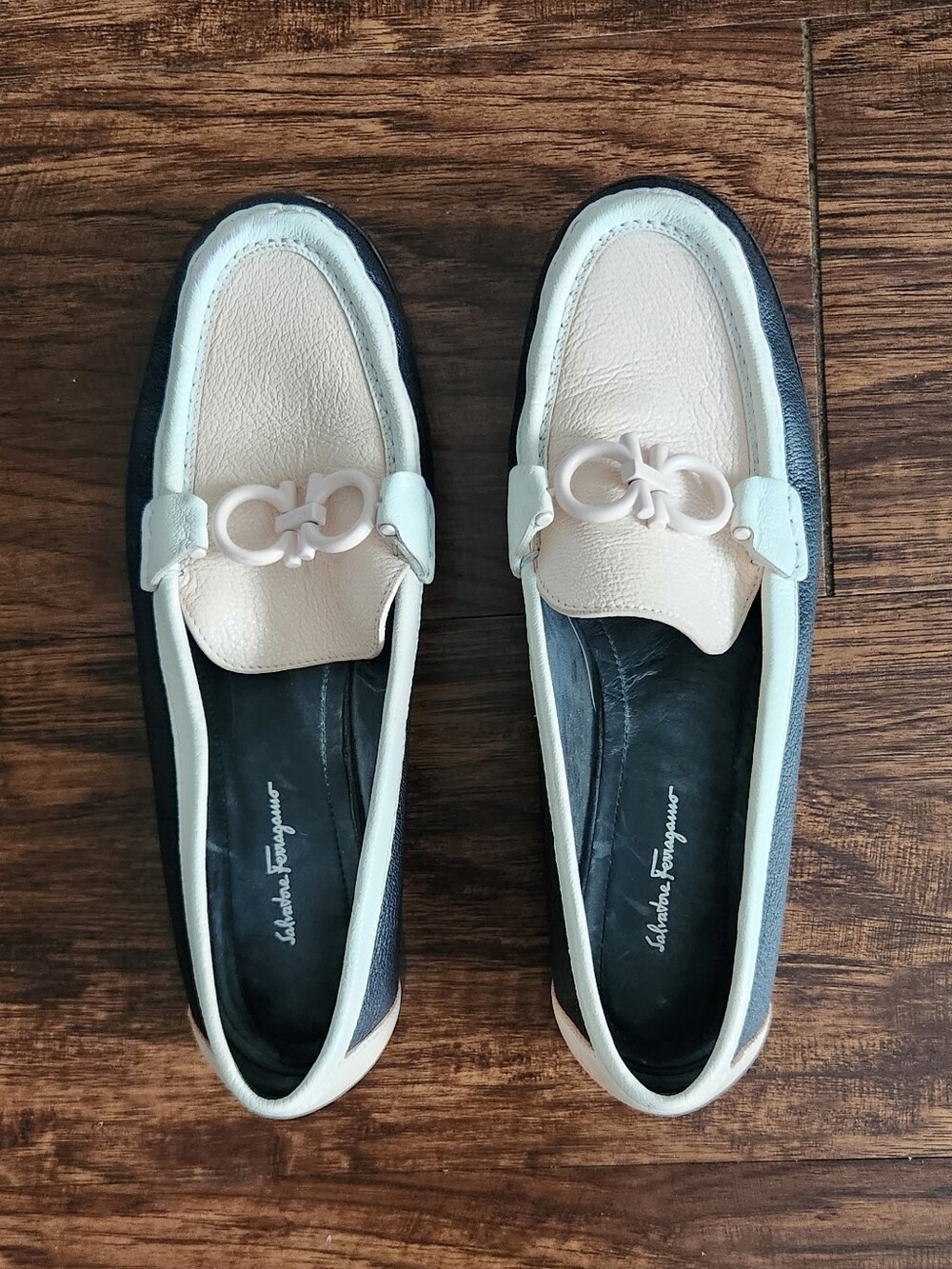 Salvatore Ferragamo Gancini Leather Two-Tone Black and Cream Leather Loafers